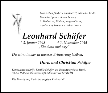 Anzeige von Leonhard Schäfer von Köln - Wir Trauern