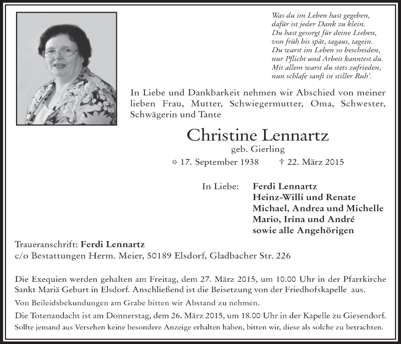  Traueranzeige für Christine Lennartz vom 25.03.2015 aus  Werbepost 