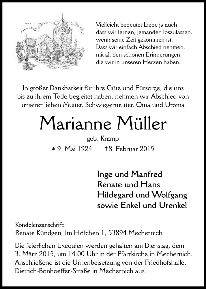  Traueranzeige für Marianne Müller vom 25.02.2015 aus Kölner Stadt-Anzeiger / Kölnische Rundschau / Express
