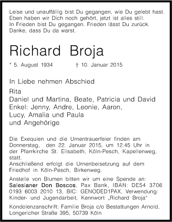 Anzeige von Richard Broja von Kölner Stadt-Anzeiger / Kölnische Rundschau / Express