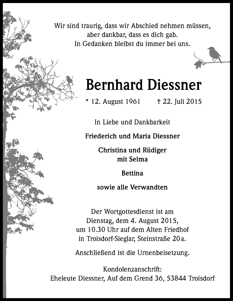  Traueranzeige für Bernhard Diessner vom 25.07.2015 aus Kölner Stadt-Anzeiger / Kölnische Rundschau / Express