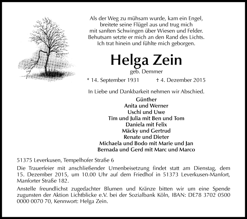  Traueranzeige für Helga Zein vom 11.12.2015 aus Kölner Stadt-Anzeiger / Kölnische Rundschau / Express