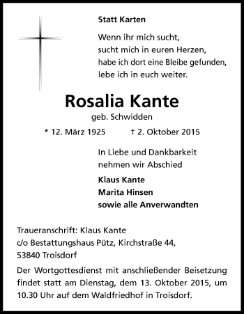 Anzeige von Rosalia Kante von Kölner Stadt-Anzeiger / Kölnische Rundschau / Express