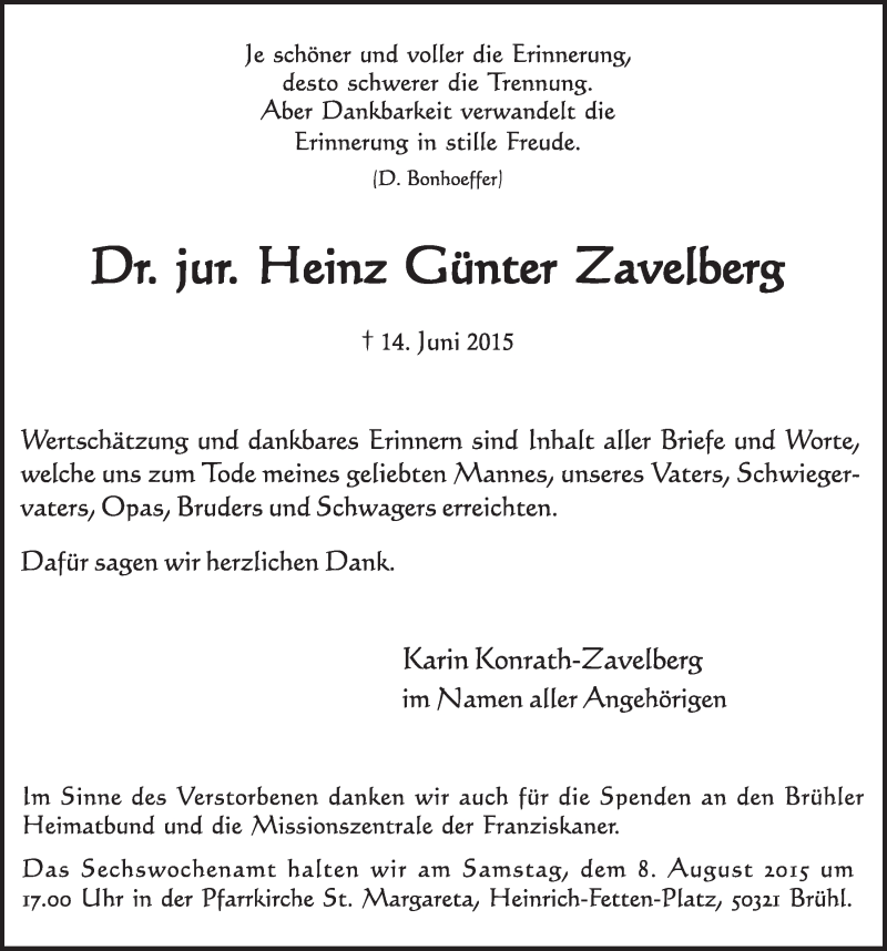  Traueranzeige für Heinz Günter Zavelberg vom 29.07.2015 aus  Schlossbote/Werbekurier 