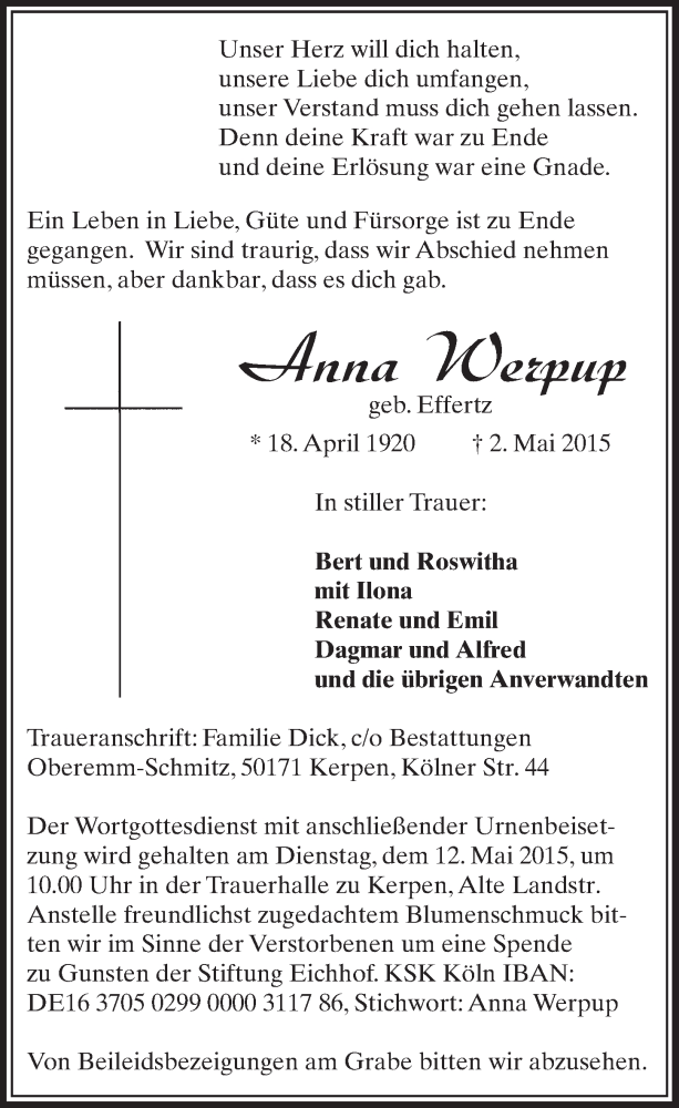  Traueranzeige für Anna Werpup vom 09.05.2015 aus  Sonntags-Post 