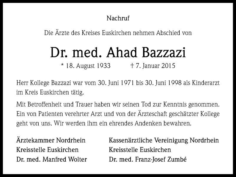  Traueranzeige für Ahad Bazzazi vom 21.01.2015 aus Kölner Stadt-Anzeiger / Kölnische Rundschau / Express