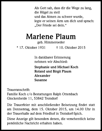 Anzeige von Marlene Plaum von Kölner Stadt-Anzeiger / Kölnische Rundschau / Express