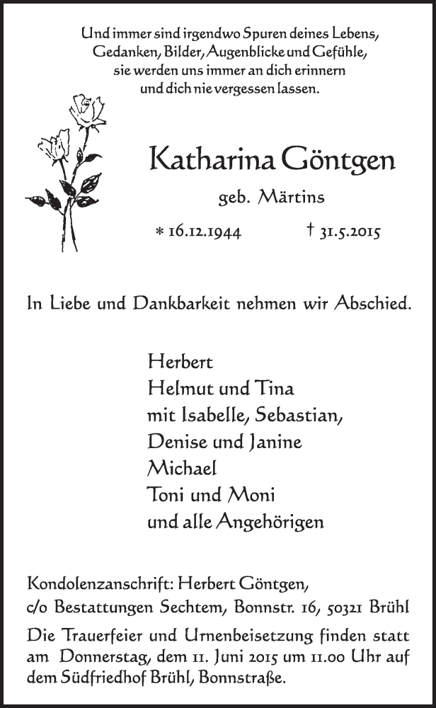  Traueranzeige für Katharina Göntgen vom 10.06.2015 aus  Schlossbote/Werbekurier 