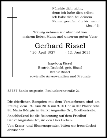 Anzeige von Gerhard Rissel von Kölner Stadt-Anzeiger / Kölnische Rundschau / Express