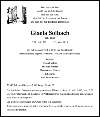Anzeige von Gisela Solbach von Kölner Stadt-Anzeiger / Kölnische Rundschau / Express
