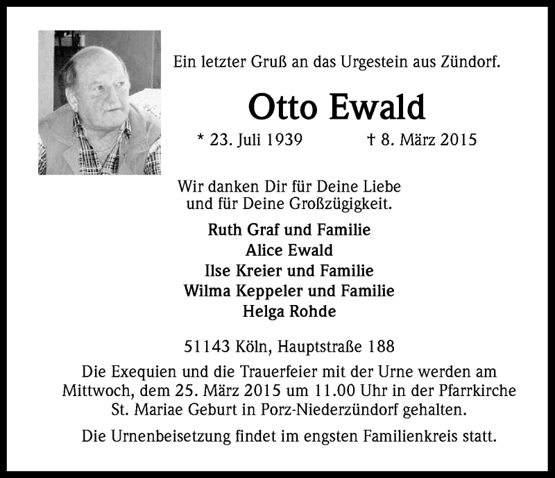  Traueranzeige für Otto Ewald vom 18.03.2015 aus Kölner Stadt-Anzeiger / Kölnische Rundschau / Express