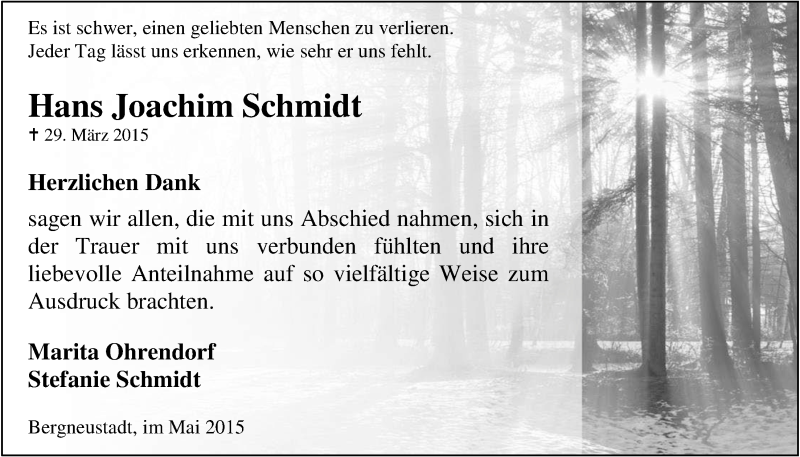  Traueranzeige für Hans Joachim Schmidt vom 06.05.2015 aus  Anzeigen Echo 