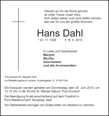 Anzeige von Hans Dahl von  Kölner Wochenspiegel 