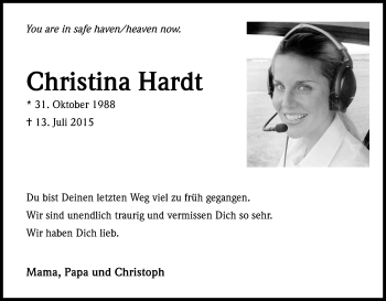 Anzeige von Christina Hardt von Kölner Stadt-Anzeiger / Kölnische Rundschau / Express
