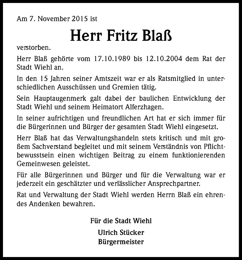  Traueranzeige für Fritz Blaß vom 13.11.2015 aus Kölner Stadt-Anzeiger / Kölnische Rundschau / Express