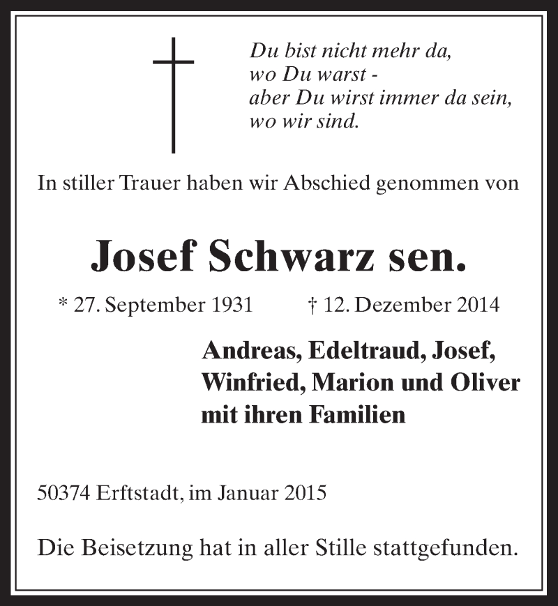  Traueranzeige für Josef Schwarz vom 21.01.2015 aus  Werbepost 