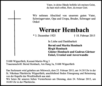 Anzeige von Werner Hembach von Kölner Stadt-Anzeiger / Kölnische Rundschau / Express
