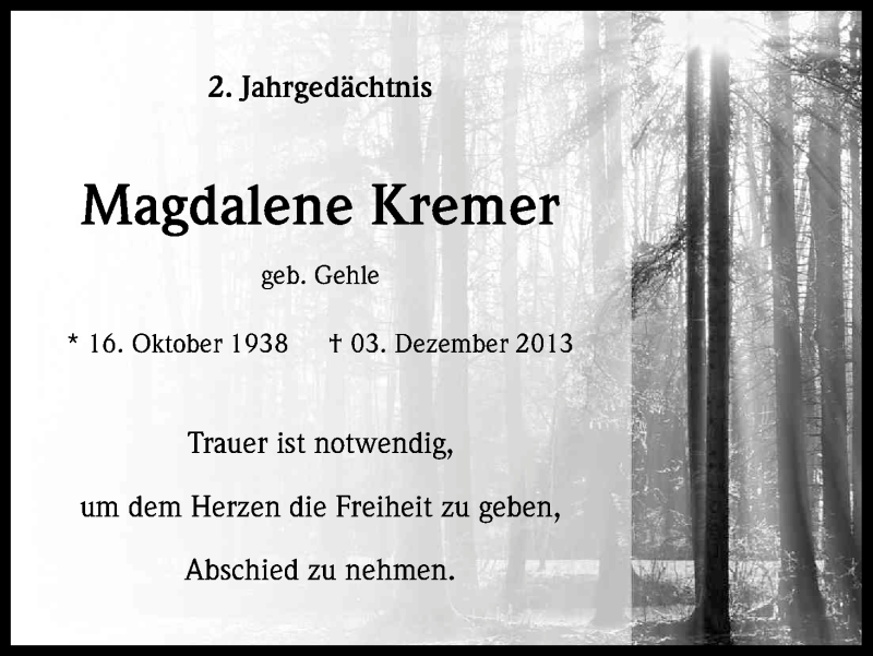  Traueranzeige für Hans-Georg + Magdalene Kremer vom 28.11.2015 aus Kölner Stadt-Anzeiger / Kölnische Rundschau / Express