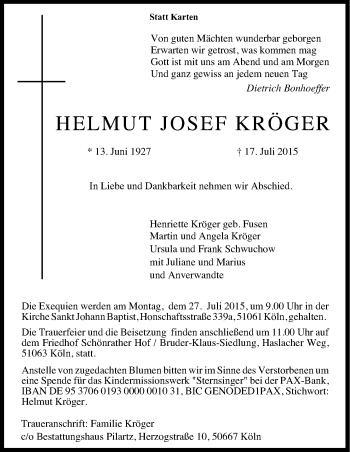 Anzeige von Helmut Josef Kröger von Kölner Stadt-Anzeiger / Kölnische Rundschau / Express