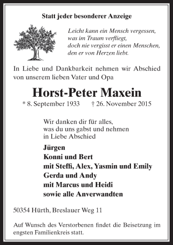 Anzeige von Horst-Peter Maxein von  Wochenende 