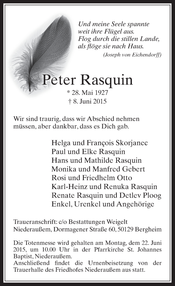  Traueranzeige für Peter Rasquin vom 17.06.2015 aus  Werbepost 