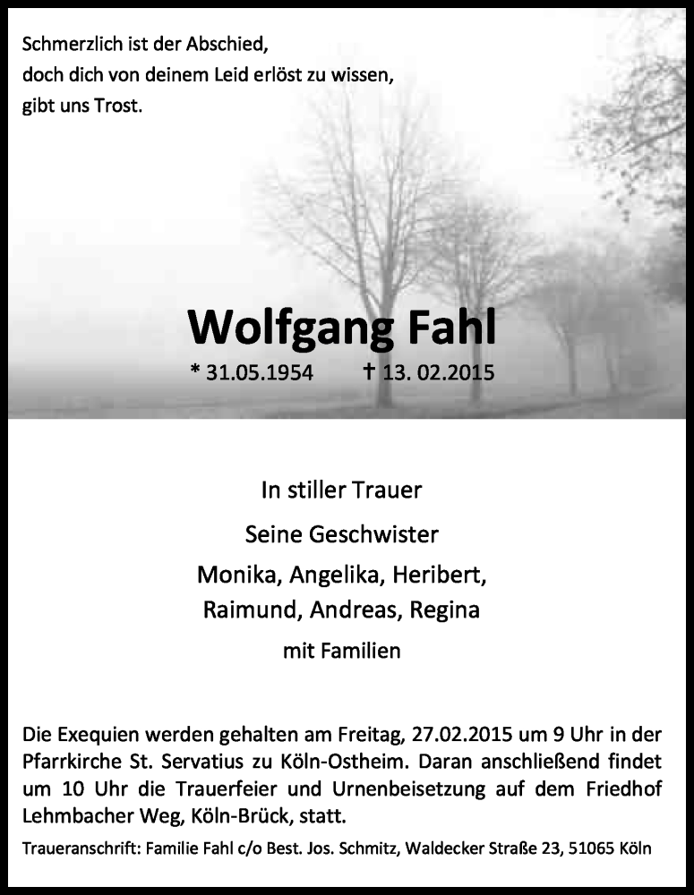  Traueranzeige für Wolfgang Fahl vom 21.02.2015 aus Kölner Stadt-Anzeiger / Kölnische Rundschau / Express