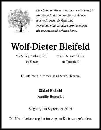 Anzeige von Wolf-Dieter Bleifeld von Kölner Stadt-Anzeiger / Kölnische Rundschau / Express