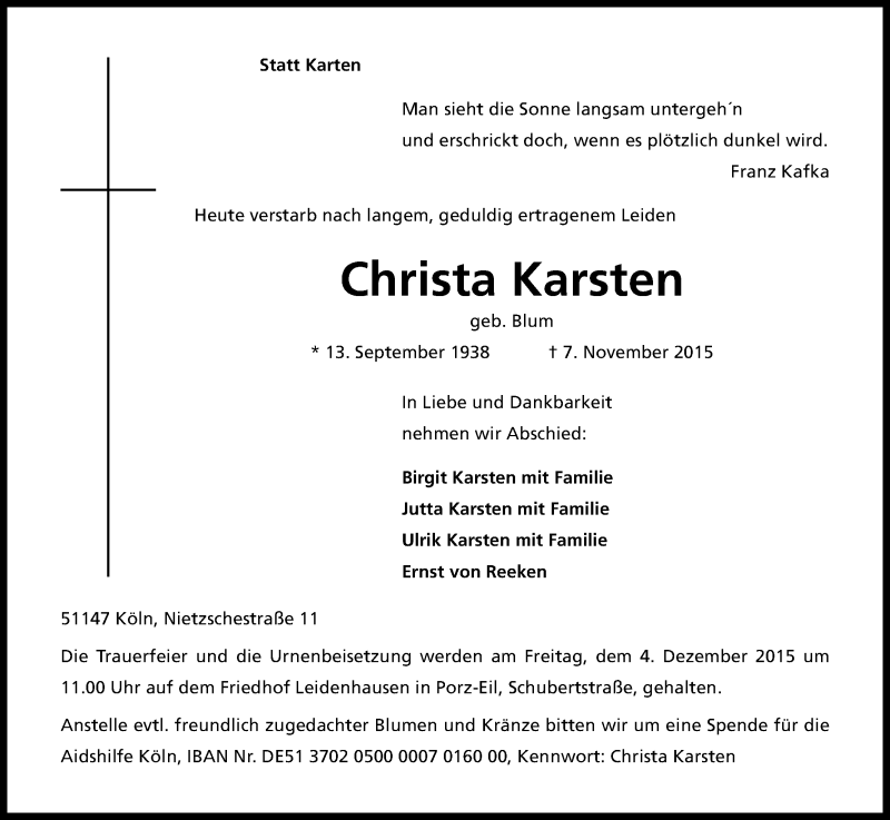  Traueranzeige für Christa Karsten vom 21.11.2015 aus Kölner Stadt-Anzeiger / Kölnische Rundschau / Express