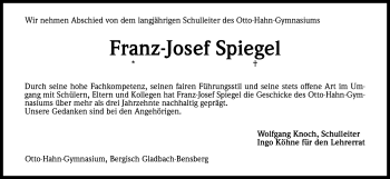 Anzeige von Franz-Josef Spiegel von Kölner Stadt-Anzeiger / Kölnische Rundschau / Express