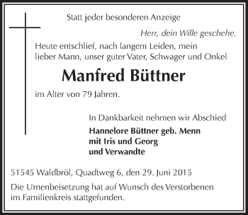 Anzeige von Manfred Büttner von  Lokalanzeiger 