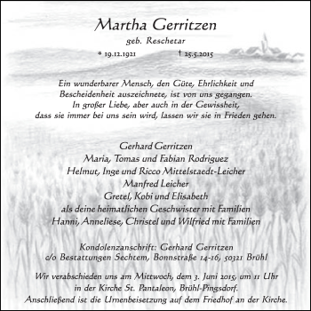 Anzeige von Martha Gerritzen von  Schlossbote/Werbekurier 