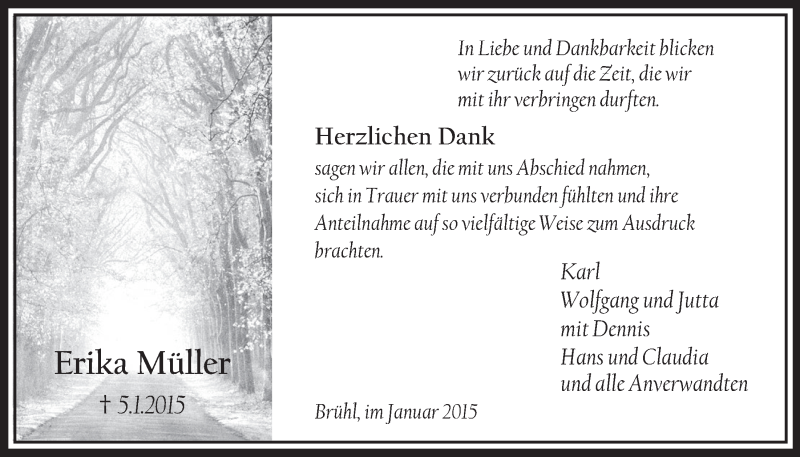  Traueranzeige für Erika Müller vom 21.01.2015 aus  Schlossbote/Werbekurier 