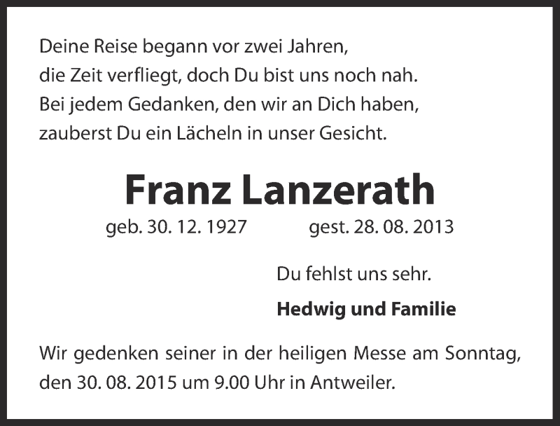  Traueranzeige für Franz Lanzerath vom 23.08.2015 aus  Blickpunkt Euskirchen 