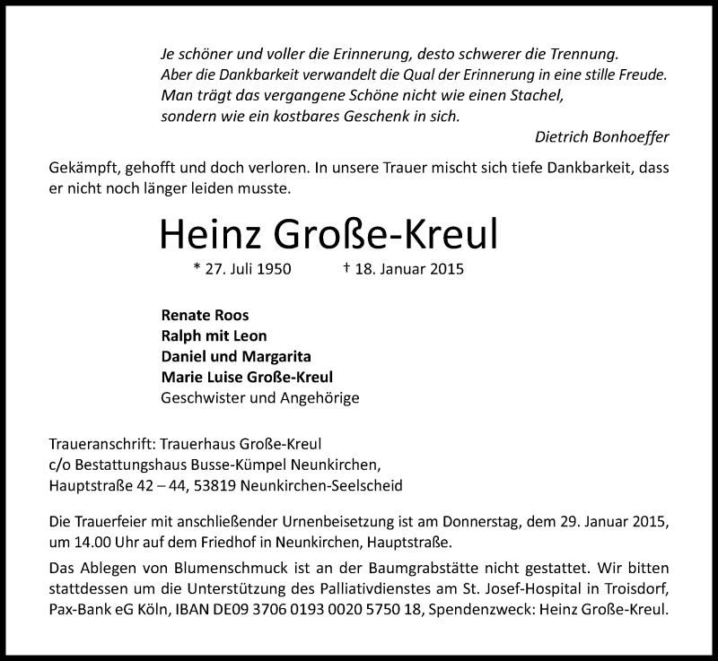  Traueranzeige für Heinz Große-Kreul vom 21.01.2015 aus Kölner Stadt-Anzeiger / Kölnische Rundschau / Express