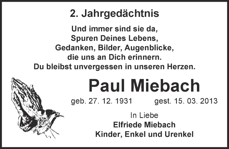  Traueranzeige für Paul Miebach vom 11.03.2015 aus  Kölner Wochenspiegel 