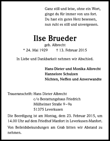 Anzeige von Ilse Brueder von Kölner Stadt-Anzeiger / Kölnische Rundschau / Express