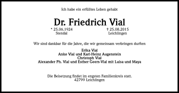 Anzeige von Friedrich Vial von Kölner Stadt-Anzeiger / Kölnische Rundschau / Express