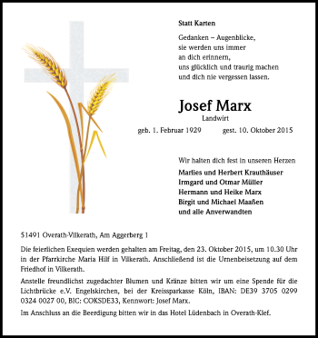 Anzeige von Josef Marx von Kölner Stadt-Anzeiger / Kölnische Rundschau / Express