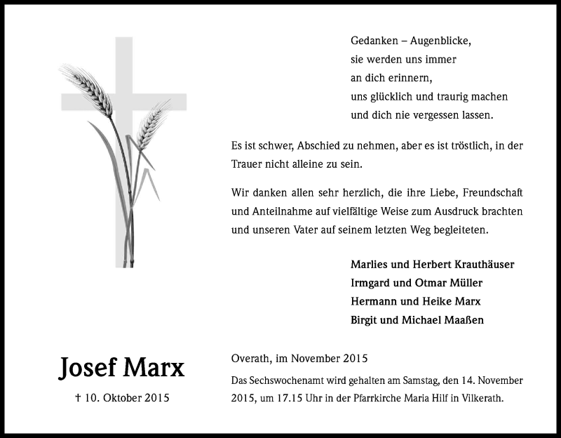  Traueranzeige für Josef Marx vom 07.11.2015 aus Kölner Stadt-Anzeiger / Kölnische Rundschau / Express