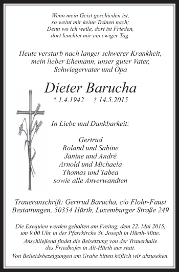 Anzeige von Dieter Barucha von  Wochenende 