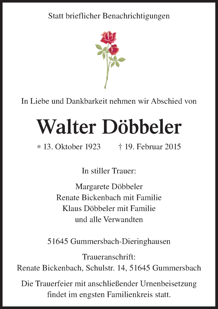  Traueranzeige für Walter Döbbeler vom 25.02.2015 aus  Anzeigen Echo 