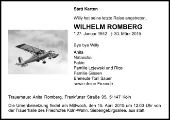 Anzeige von Wilhelm Albert Romberg von Kölner Stadt-Anzeiger / Kölnische Rundschau / Express