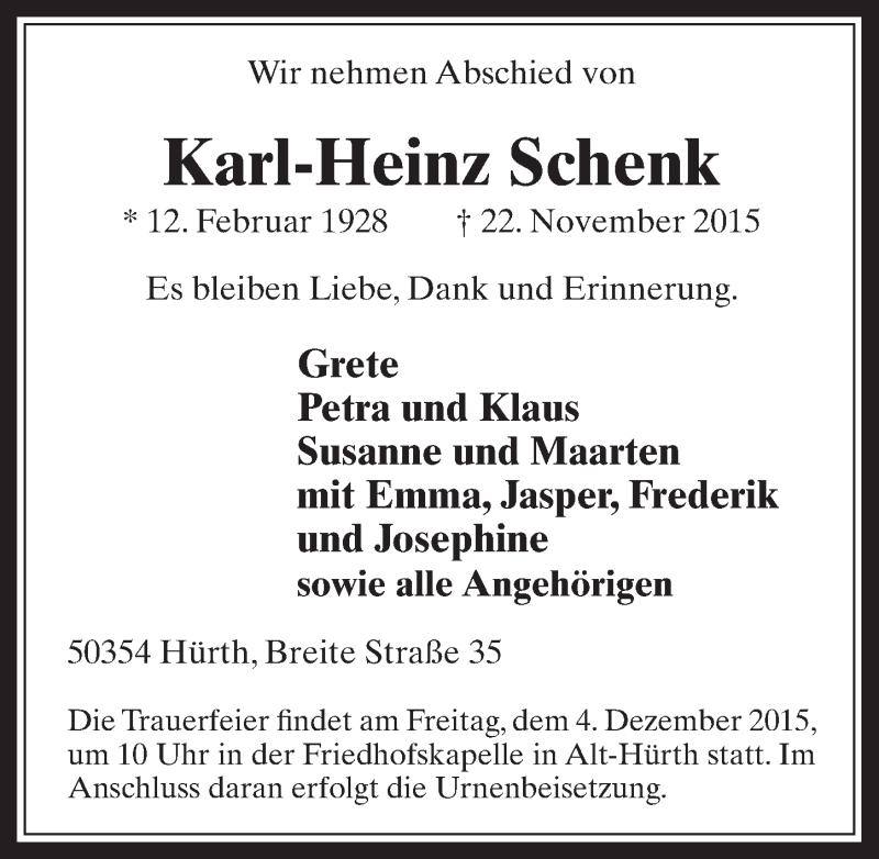  Traueranzeige für Karl-Heinz Schenk vom 02.12.2015 aus  Wochenende 