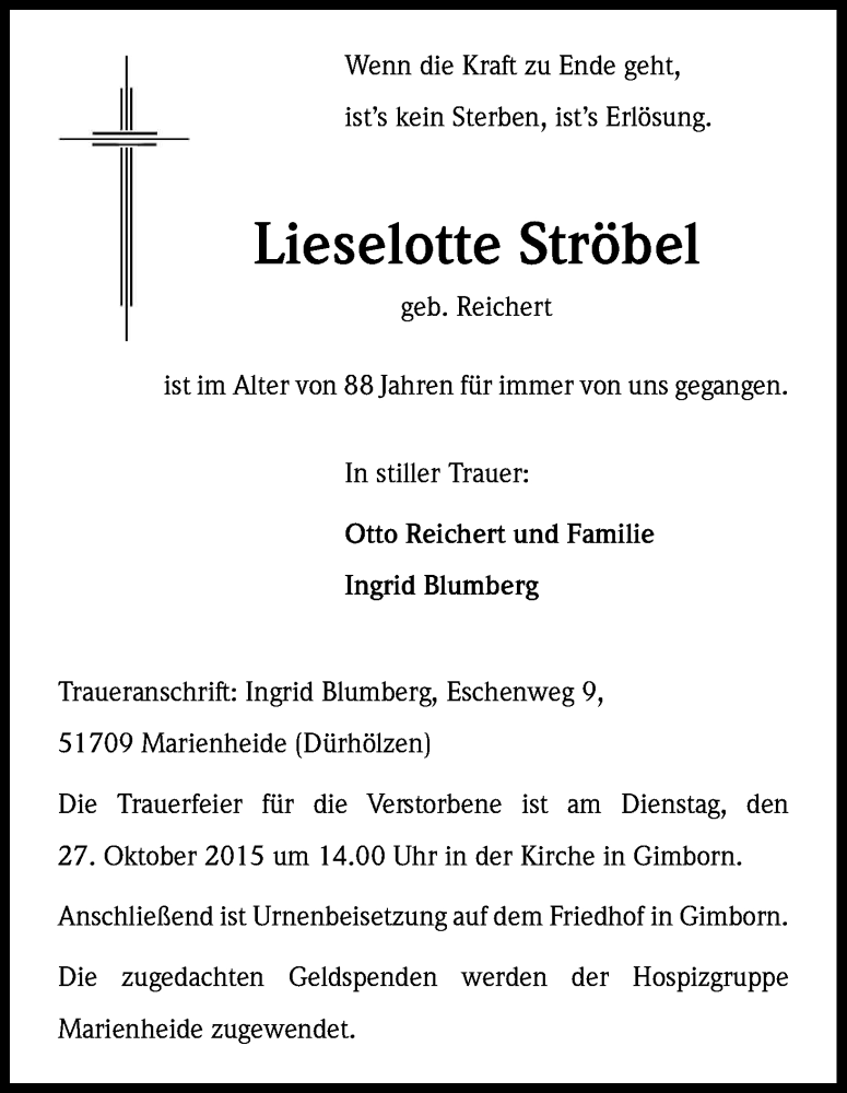  Traueranzeige für Lieselotte Ströbel vom 24.10.2015 aus Kölner Stadt-Anzeiger / Kölnische Rundschau / Express