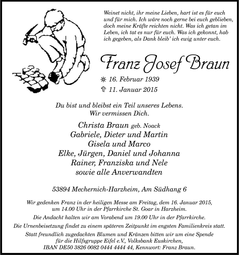  Traueranzeige für Franz Josef Braun vom 14.01.2015 aus Kölner Stadt-Anzeiger / Kölnische Rundschau / Express
