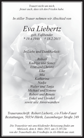 Anzeige von Eva Liebertz von  Wochenende 