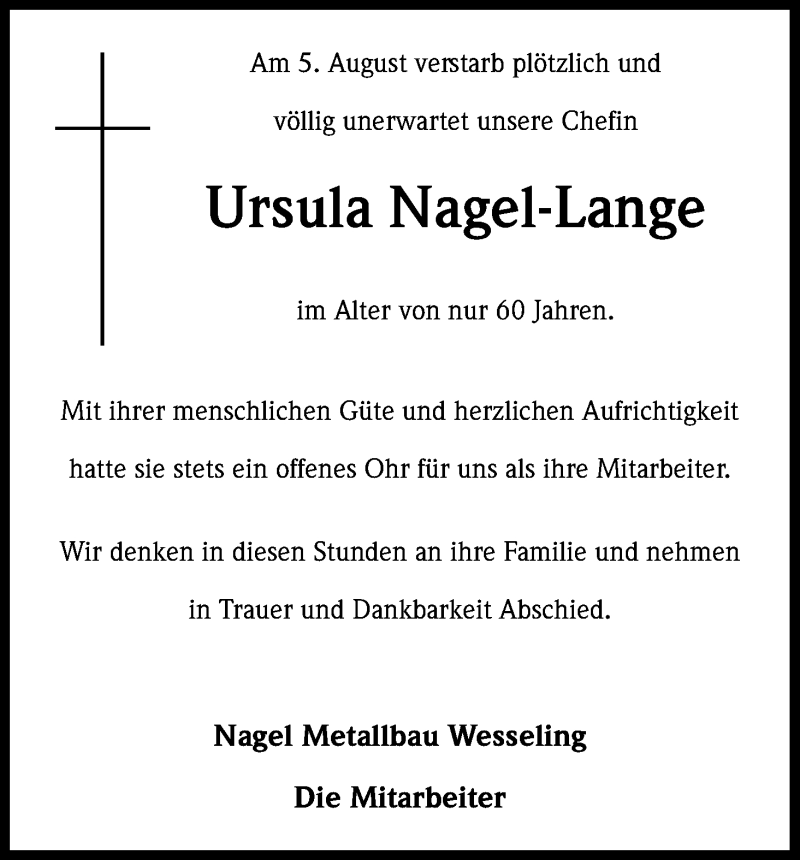  Traueranzeige für Ursula Nagel-Lange vom 08.08.2015 aus Kölner Stadt-Anzeiger / Kölnische Rundschau / Express