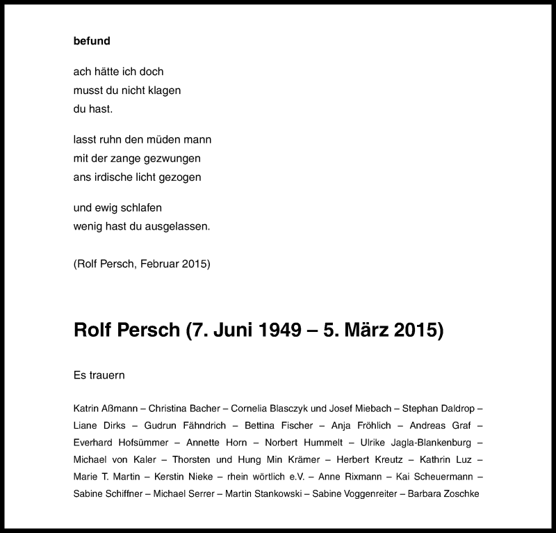  Traueranzeige für Rolf Persch vom 14.03.2015 aus Kölner Stadt-Anzeiger / Kölnische Rundschau / Express