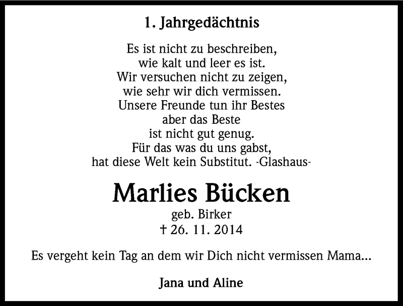  Traueranzeige für Marlies Bücken vom 28.11.2015 aus Kölner Stadt-Anzeiger / Kölnische Rundschau / Express