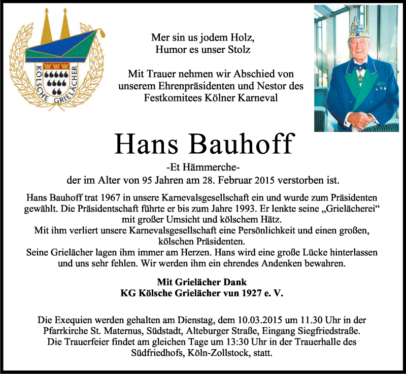  Traueranzeige für Hans Bauhoff vom 07.03.2015 aus Kölner Stadt-Anzeiger / Kölnische Rundschau / Express